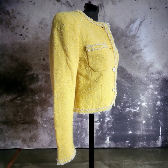 Vintage Y2K CARLISLE Yellow Wool Blend Boucle Tweed Jacket Size 0 - Picture 3 of 9